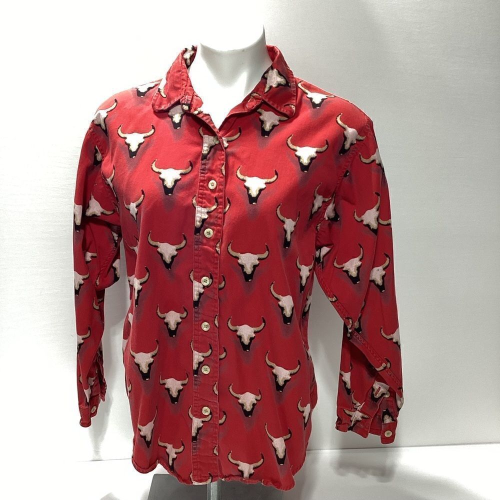Barn Fly Vintage Western Button Front Shirt Red With Bull Horn Design M